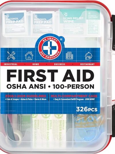 Be Smart Get Prepared 326-Piece First Aid Kit – OSHA & ANSI Compliant for 100 People | Hard Red Case | Office, Home, School, Car, Camping | FSA/HSA Approved
