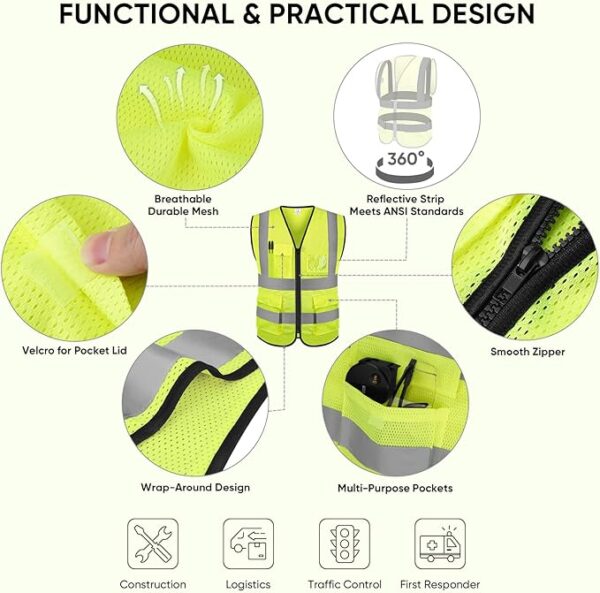 TICONN High Visibility Safety Vest – ANSI Class II, Mesh, Multi-Pocket - Image 5