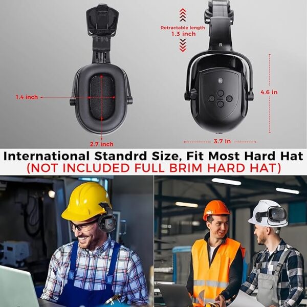 Bluetooth Hard Hat Ear Muffs – NRR 28dB Hearing Protection, Cap-Mounted Noise Cancelling Earmuffs with Bluetooth 5.0 & Mic – 50-Hour Battery, Adjustable Work Headphones for Construction, Airport, Industrial Use - Image 5