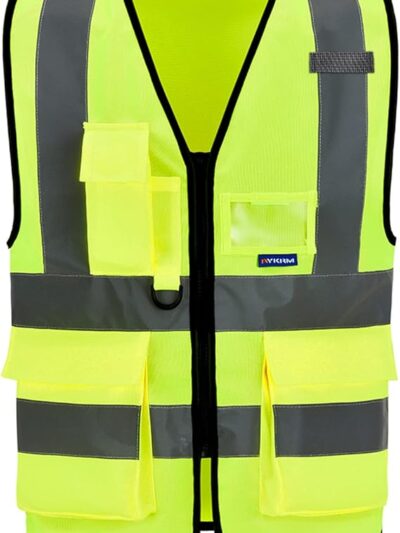 A-SAFETY High Visibility Safety Vest – Reflective 7-Pocket Hi Viz Waistcoat for Motorcycle, Running, Cycling, Construction – 360° Reflective Gear – Neon Yellow